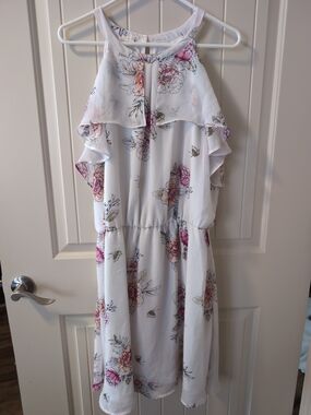 Maurices White Floral Ruffle Midi Dress - Pink & Cream Accents
